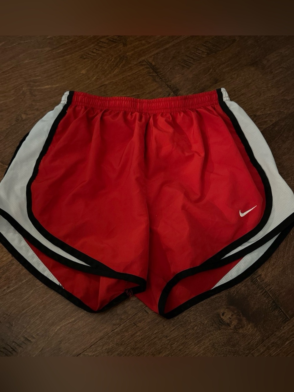 Nike Red Women's Athletic Shorts with White Panels and Black Trim